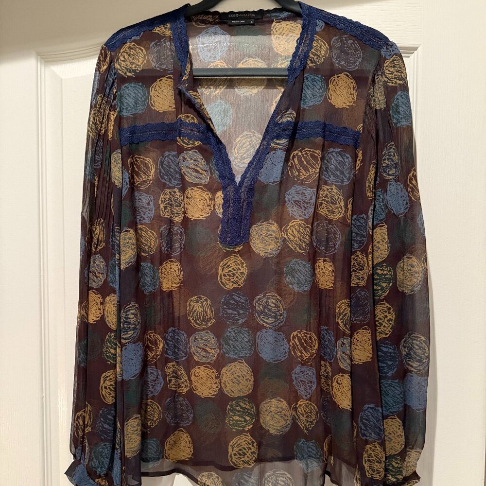 BCBGMaxAzria | Silk + Lace Sheer Patterned Blouse | Brown/Navy | Size: L